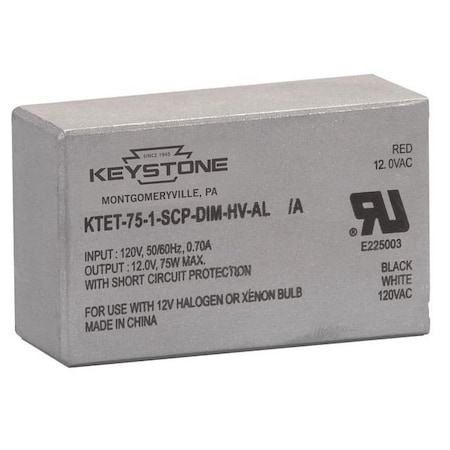 Keystone 75W Low Voltage Halogen Transformer, 120V input, 12V output, with double sided adhesive strip. KTET-75-1-SCP-DIM-HV-AL /A-DP