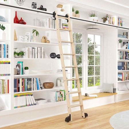 Quiet Glide 8.06 ft. Maple Contemporary Wheel Black Rolling Ladder, 12 ft. Rail QG.240-8MA-12-H.08