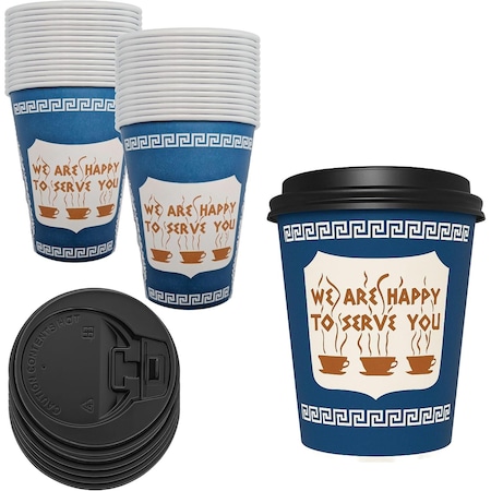 Ecoquality 10oz Insulated Paper Hot Cups With Black Dome Lids New York Greek Design Cups, 100PK EQ10OZANGPCBDL-100