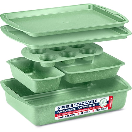 Bakken- Swiss BAKKEN 6-Piece Nonstick Baking Pan Set, Carbon Steel, PFOA-Free, Oven Safe, 450 DegF, Green Marble BAKDIEGR