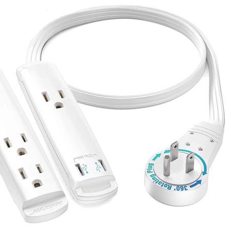 Maximm 1ft 3-Outlet 360 degrees Flat Plug Extension Cord w/ USB Ports, UL, White ADW-360-C201-W
