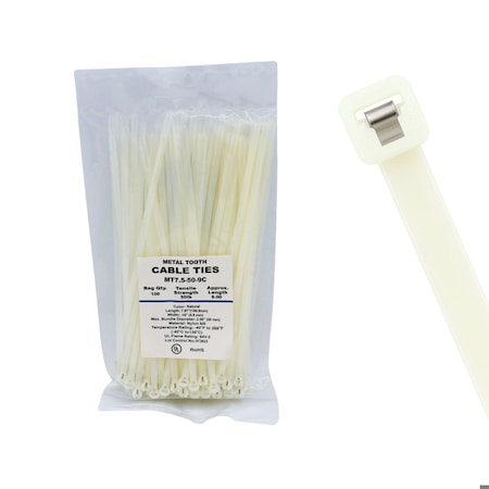 Cable Ties Unlimited Metal Tooth Cable Tie, 7.5 in L, 50 lb Strength, 1.8 in Max Bundle Dia, Nylon, Natural, 100PK MT7.5-50-9C