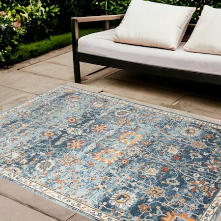 Homeroots 9' X 12' Blue and Orange Floral Stain Resistant Indoor Outdoor Area Rug 531507