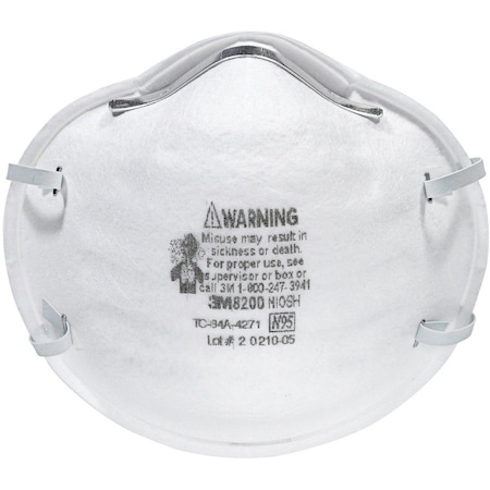 3M N95 Disposable Respirator, 8200, Dual Headstrap, Polyisoprene Strap, Nose Clip, White, PK20 8200