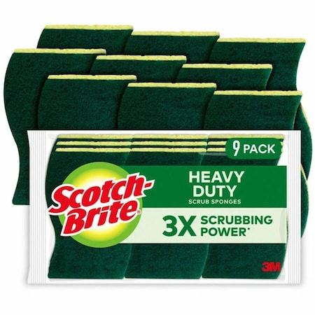 Scotch-Brite Heavy-Duty Scrub Sponge, Fiber Abrasive, 111 mm L, 66 mm W, Green/Yellow, 9PK 429-5