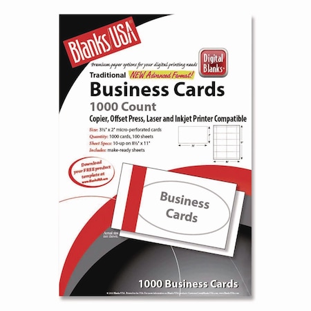 Blanks/Usa Printable Microperf Business Cards, Copier/Inkjet/Laser/Offset, 2 x 3.5, White, Bristol, 1000PK BCT10B6WH