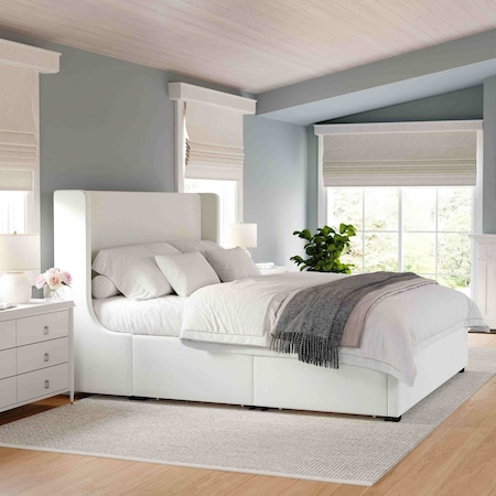 Martha Stewart Kian King Upholstered Platform Bed with Wingback Headboard and 4 Side Storage Drawers XH-8528-K-WH-MS