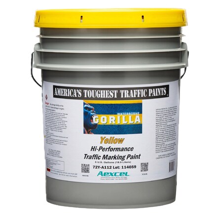 Aexcel Gorilla High-Performance Traffic & Zone Marking Paint, Water-based Acrylic Latex, Yellow, 5-Gallon 72Y-A112F03