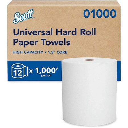 Scott Scott Essential Universal Hi-Capacity Hard Roll Towels, 1.5" Core, White, 1,000'/Roll, 12PK 01000