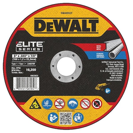 Dewalt Abrasive Cut-Off Wheel, Type 1, 6 in Dia, 0.045 in Thick, 7/8 in Arbor Hole Size, Ceramic, 46 Grit DWA8953F