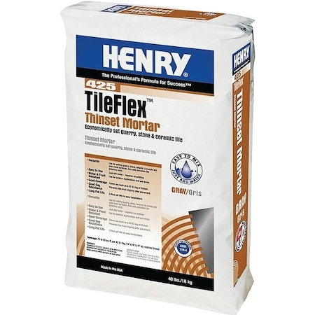 Henry HENRY 425 TileFlex Series 12260 Thin-Set Mortar, Fine Solid Powder, Gray, 40 lb Bag 12260