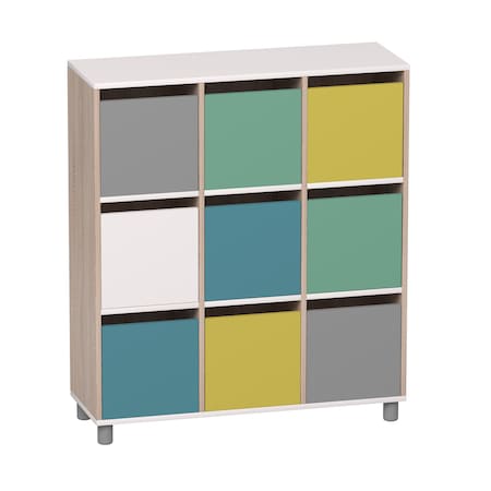 Beleduc By Playwell Napoli 41.1inx14.2in Tall 9-Locker Cabinet, Color Soft-Close Doors, White/Oak HPL, 47inH, 3+ 846016