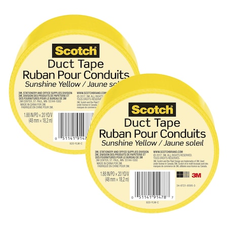 Scotch Duct Tape for Artists, 1.88 in x 20 yd (48 mm x 18.2 m), Sunshine Yellow, 2PK 920-YLW-C