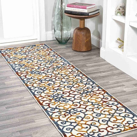 Jonathan Y Atrani Scroll Trellis Cream/Blue/Red 2 ft. x 8 ft. Indoor/Outdoor Runner Rug AMC110A-28
