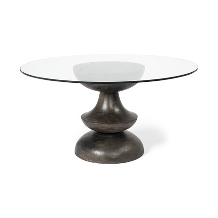 Homeroots 60" Clear And Brown Rounded Glass And Solid Manufactured Wood Pedestal Base Dining Table 380484