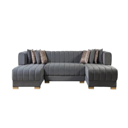 Homeroots Gray Velvet U Shaped Three Piece Sofa and Chaise Sectional With Toss Pillows 643883