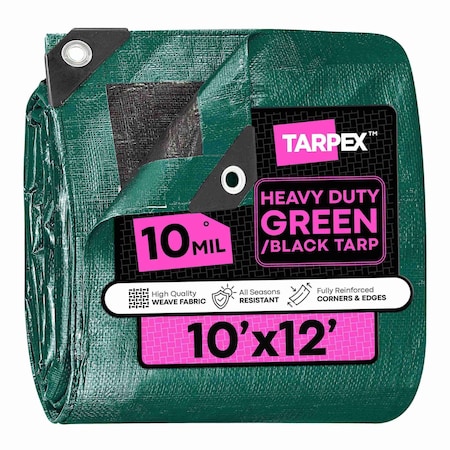 Tarpex Heavy Duty Tarp, 10 ft x 12 ft, 10 Mil, Green/Black, Polyethylene MTGB-TA-1012