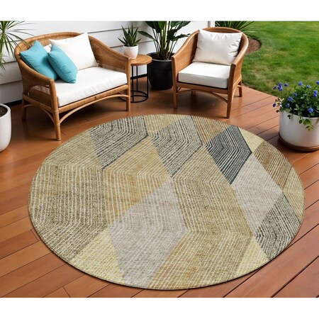 Homeroots 8' Brown Gold And Taupe Round Argyle Washable Indoor Outdoor Area Rug 613707