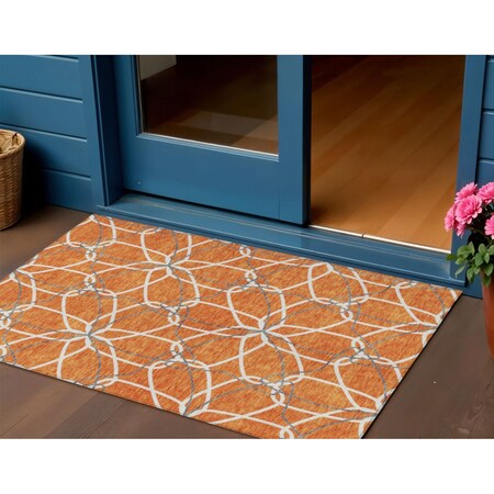 Homeroots 3' X 5' Orange And Ivory Geometric Washable Indoor Outdoor Area Rug 613025