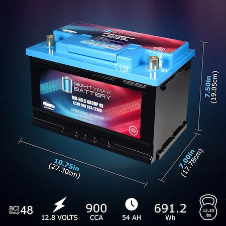 Mighty Max Battery MM-H6LI Lithium Car LiFePO4 12.8V Automotive 900CCA 123 RC 54Ah Group 48 Built-in BMS Battery MAX4174220