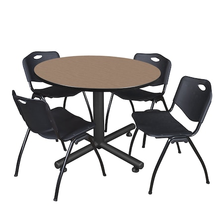 Regency Round Kobe Breakroom Table W/ 4 M Stack Chairs, 48 in W, 48 in L, Noble Oak TKB48RNDNO47BK
