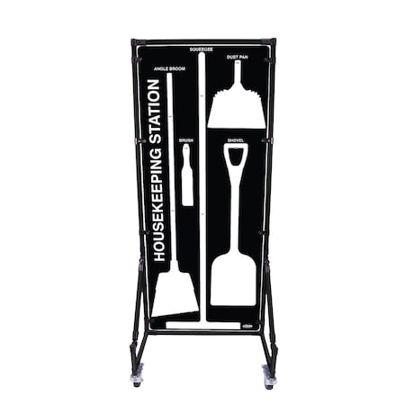 5S Supplies Housekeeping Shadow Board Broom Station V5, Black / White Shadows, Kit + Stand HSB-V5-BLACK/WHITE-KIT-STAND