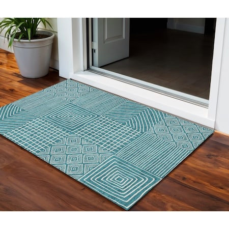 Homeroots 3' X 5' Teal Blue And Ivory Geometric Washable Indoor Outdoor Area Rug 600780