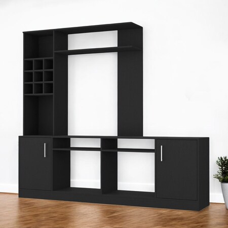 Homeroots 78" Black Wood Enclosed and Open Storage Entertainment Center with Bookcase 535163
