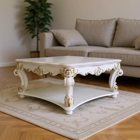 Homeroots 58" Ivory and Gold Wood Square Coffee Table With Shelf 572288