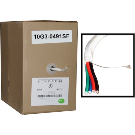 Cable Wholesale Speaker Cable, White, Pure Copper, CMR / 14/4 14 AWG 4 Conductor, 105 Strand / 0.16mm, Pullbox, 500ft 10G3-491SF