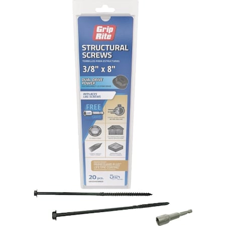 Grip-Rite PrimeGuard Plus 3/8''x8'' Hex Washer Head Structural Screw, 20-Count GRSSHW38820