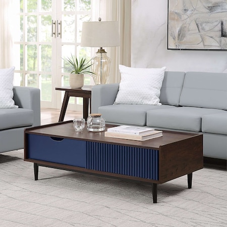 Manhattan Comfort Duane Modern Ribbed Coffee Table with Drawer and Shelf in Dark Brown and Navy Blue CT-11GLF-NB