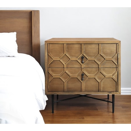 Homeroots 28" Natural Two Drawer Distressed Carved Geometric Solid Wood Nightstand 569606