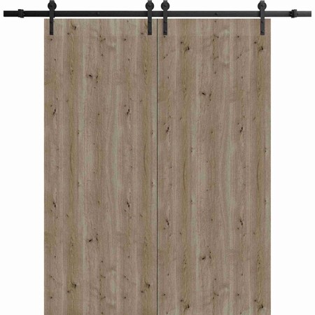 Sartodoors Modern Double Barn Door 64 x 84 inches, BASIC 3001 Caramel Oak, 13FT Rail Track Set, Solid Panel BASIC3001DB-NATUR-6484