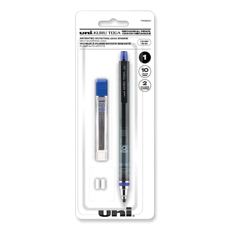 Uniball KuruToga Mechanical Pencil with Tube of Lead/Erasers, 0.5 mm, HB #2, Black Lead, Black Barrel 1751934