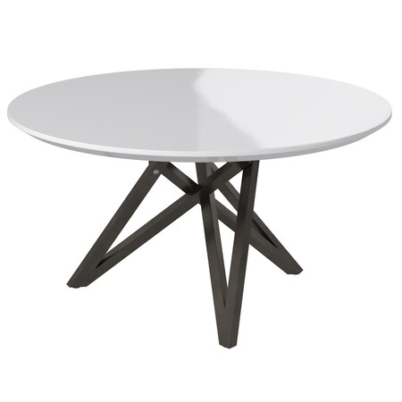 Homeroots 47" White and Gray Wood and Stainless Steel Cross Leg Base Round Top Dining Table 555176