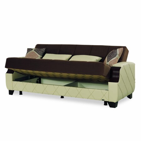 Homeroots 89" Brown And Cream Microsuede And Faux Lthr Convertible Futon Slpr Sofa And Toss Pillows w/Storage 607181