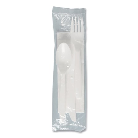 Solo Regal Mediumweight Cutlery Kit, Individually Wrapped, Fork/Knife/Napkin/Spoon, Plastic, White, 250PK MOW9Y-0007
