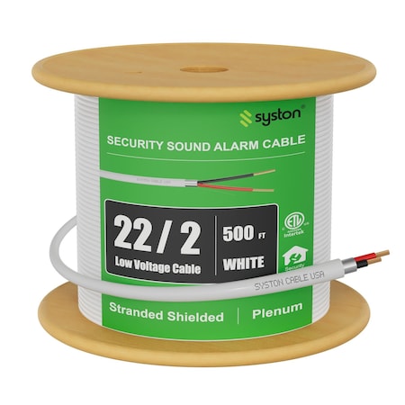 Syston Cable Technology 22/2 Alarm Control Cable Wire, 100% Stranded Copper, Plenum CMP Shielded, Low Voltage, ETL, 500 ft 5118-500WH