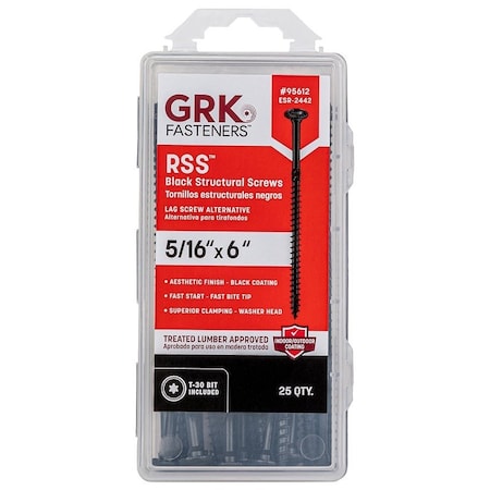 Grk Fasteners RSS Series Structural Screw, 6 in L, Coarse Thread, Washer Head, Torx Drive, Steel, PK25 95612