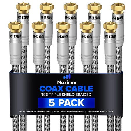 Maximm 15ft RG6 Nylon Braided Coaxial Cable, 5PK, Black/White, 5PK RG-BWBR-15FT-5PK