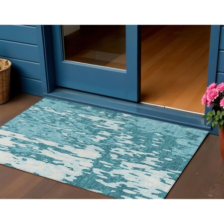 Homeroots 3' X 5' Teal Blue And Ivory Abstract Washable Indoor Outdoor Area Rug 613374
