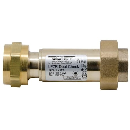 Watts Check Valve, 34 in, Union FNPT x FNPT, 10 to 175 psi Pressure, Brass Body 3/4X3/4 LF7RU2-2