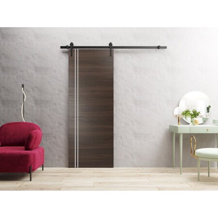 Sartodoors Sturdy Barn Door with Hardware, Planum 0310 Chocolate Ash and Aluminum Strips, 6.6FT Rail Hangers H PLANUM0310BD-B-CA-3684