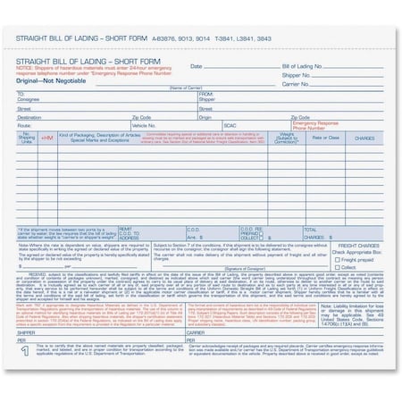 Tops Business Forms Tops Bill Of Lading Forms, 4-Part, Carbonless, 8-1/2" x 7", White, 50 Sets/Pack 3843