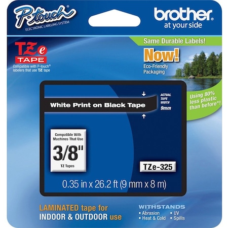 Brother Adhesive TZ Tape (R) Cartridge 0.35"x26-1/5ft., White/Black TZE325G