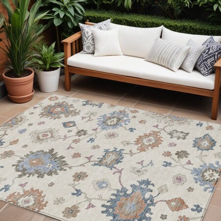 Homeroots 9' X 12' Ivory Brown And Blue Floral Washable Indoor Outdoor Area Rug 606162