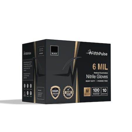 Fifthpulse Disposable Gloves, 6 mil Palm, Nitrile, Powder-Free, Medium, 1000 PK, Black FMN100716