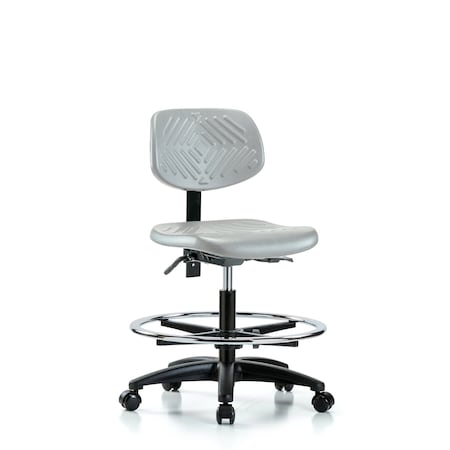 Blue Ridge Ergonomics Poly Chair-Medium Bench Height with Seat Tilt, Chrome Foot Ring, & Casters in Gray Poly PMBCH-RG-T1-A0-CF-RC-GRY