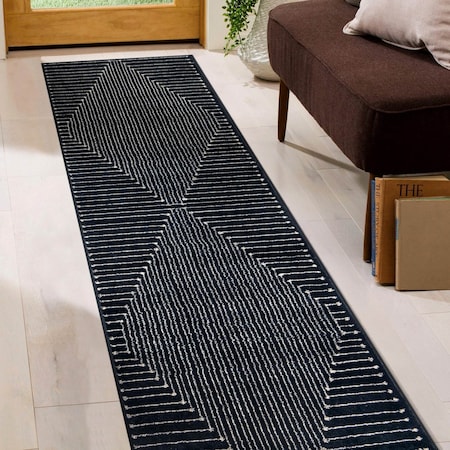 World Rug Gallery Modern Geometric Runner Rug 2 ft 3 in x 8 ft Black WR91BLACK2X8